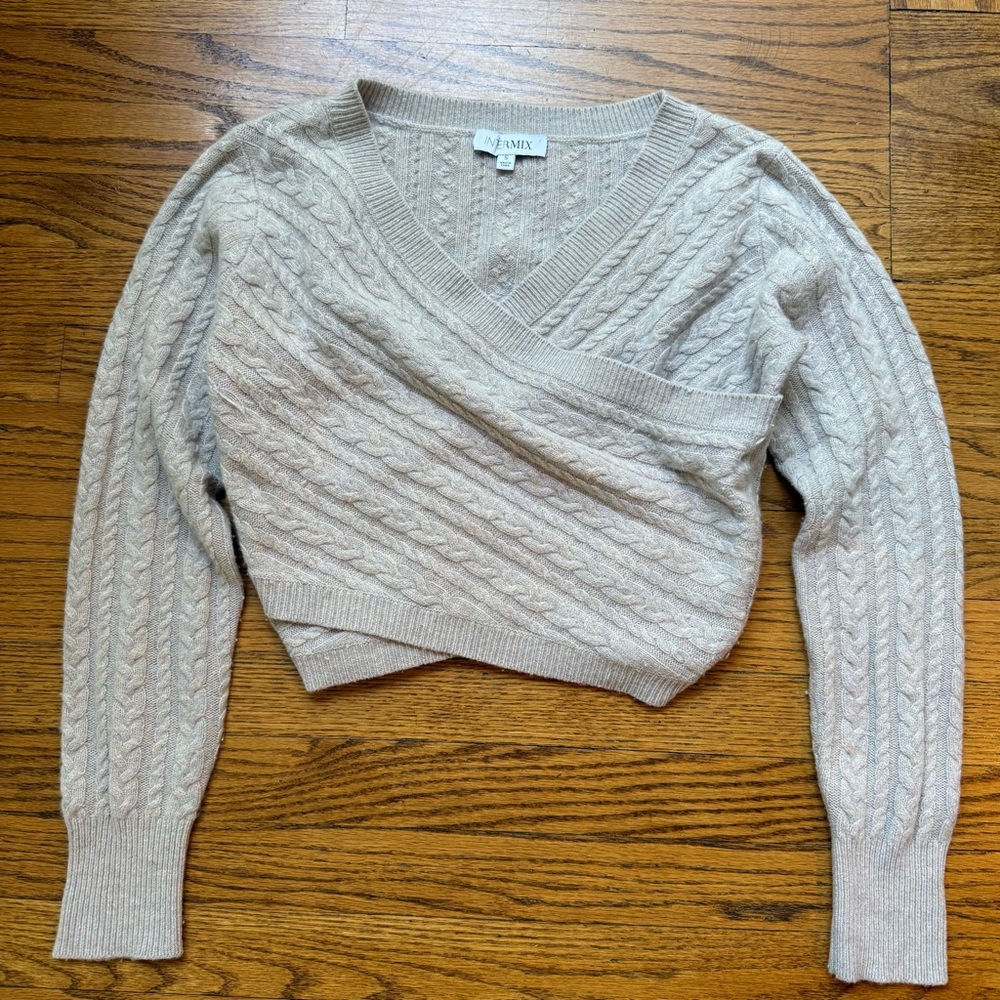 INTERMIX Wool Cable Knit Cross-Over Sweater in Beige